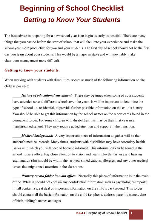 Beginning School Chklst 1