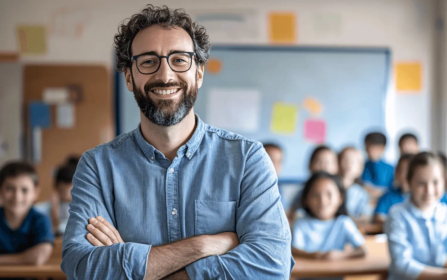 Confident teacher smiling with students in the background